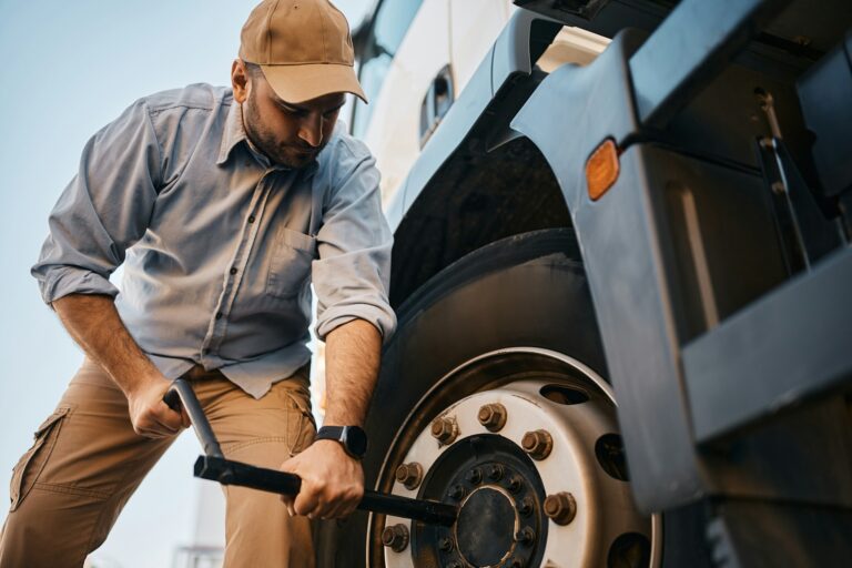 Truck driver changing flat tire on his truck.